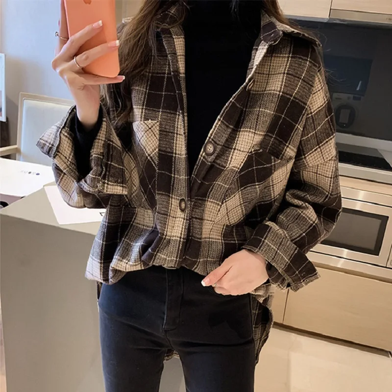 Ladies Oversized Plaid Shirt|Blouses 