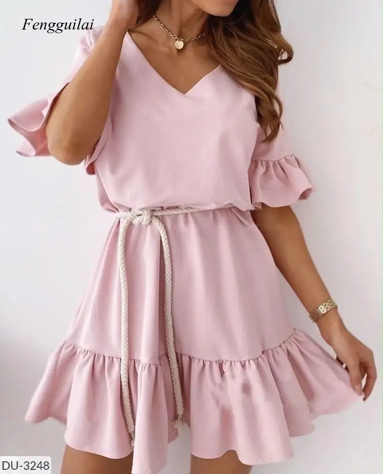 

Summer 2020 Solid Ruffle Short Sleeve Hem Pleated Dress for Women