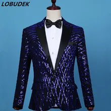 Синий блейзер с пайетками формальный мужской костюм модный тонкий пиджак брюки комплект из 2 предметов певец и ведущий концертная сцена наряд свадебное платье