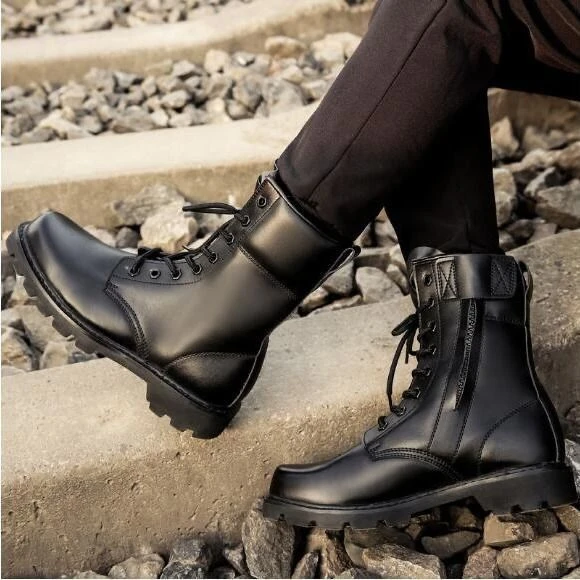 Botas militares punta de acero para hombre, zapatos de seguridad cuero, botines con cordones suela gruesa, talla 46|Botas básicas| - AliExpress