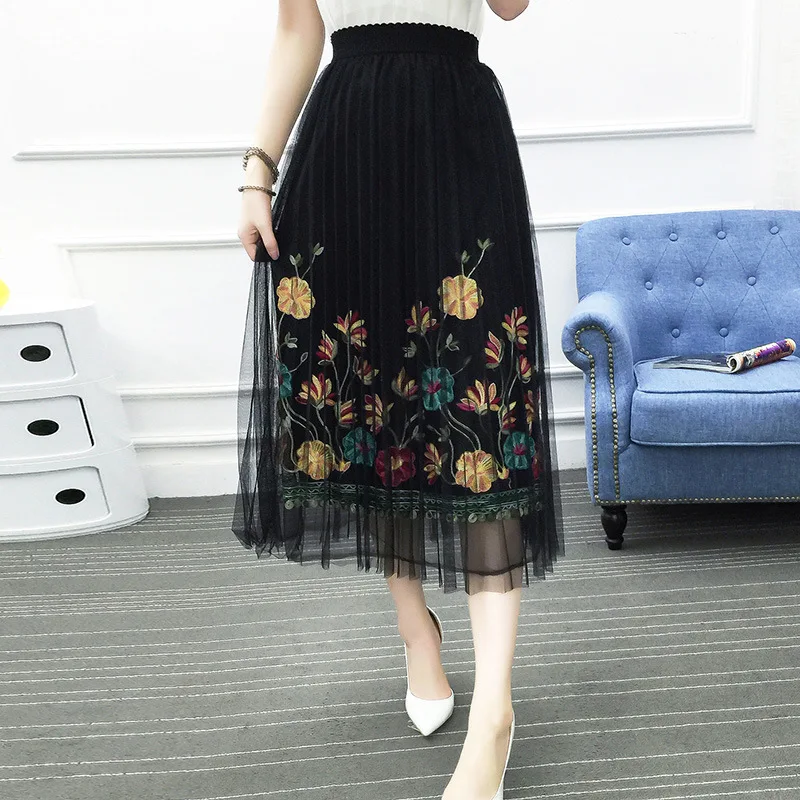 

Mesh Dress Skirt Mid-length Flower Embroidered 2019 New Style Korean-style Pleated Gauze Fairy Long Skirts