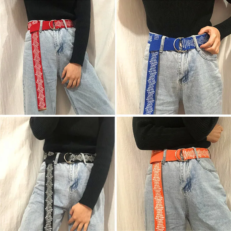 

Korean Fashion Extended Canvas Belt Letter Printing D Ring Buckle Waist Belts Unisex Student Teenager Pants Trend Waistband