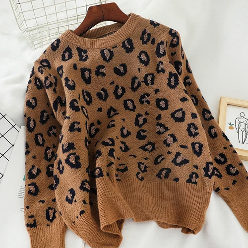 Gaganight Леопардовый Модный женский свитер осень зима длинный рукав пуловер с круглым вырезом женский свободный Джемпер шикарный вязаный свитер для девочки - Цвет: Brown