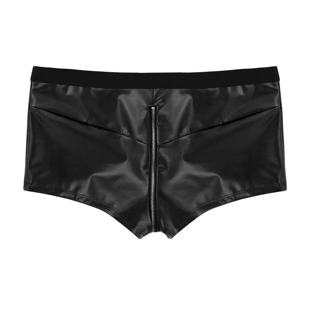 Sexy Mens Wetlook Leather Lingerie Low Rise Zipper Bulge Pouch Boxer Shorts Male Gay Club Erotic Pole Dance Mini Short Underwear