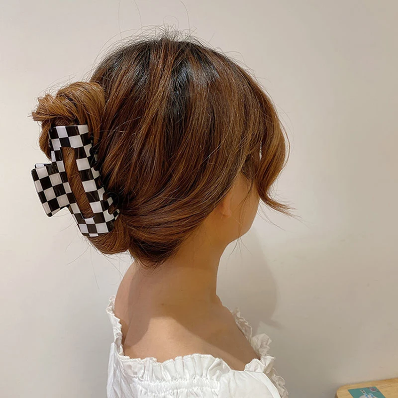 Feminino elegante preto branco xadrez cabelo garra grande retângulo  acrílico grampo de cabelo caranguejo menina acessórios para o cabelo