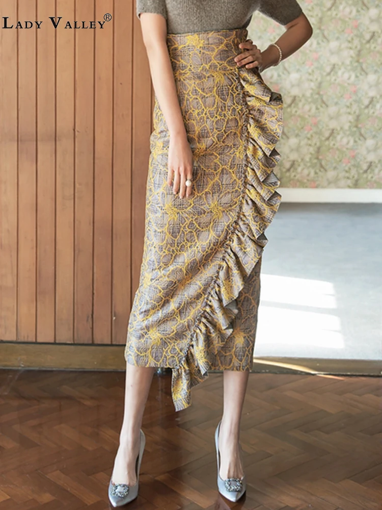 Ретро геометрический узор строчка грибковый край гофрированная Высокая талия юбка Женская Осенняя мода дикая спина сплит шаг юбка