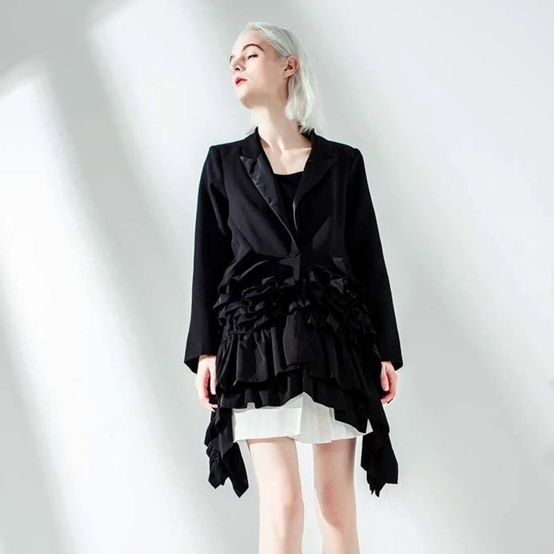 Blog New Autumn Winter Lapel Long Sleeve Black Ruffle Pleated Stitch Loose Irregular Jacket Women Coat Fashion Tide 45