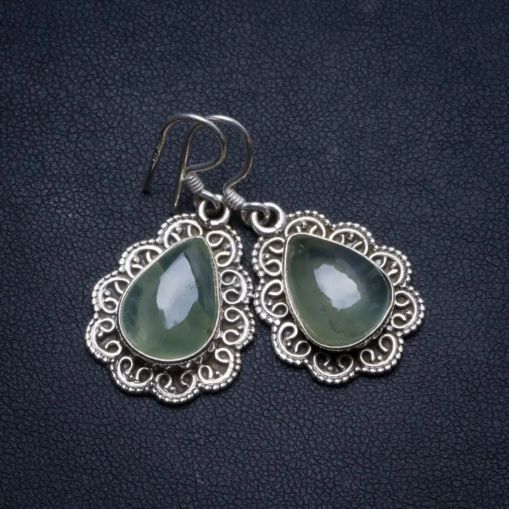 

Natural Prehnite Handmade Vintage 925 Sterling Silver Earrings 1.25" U0978