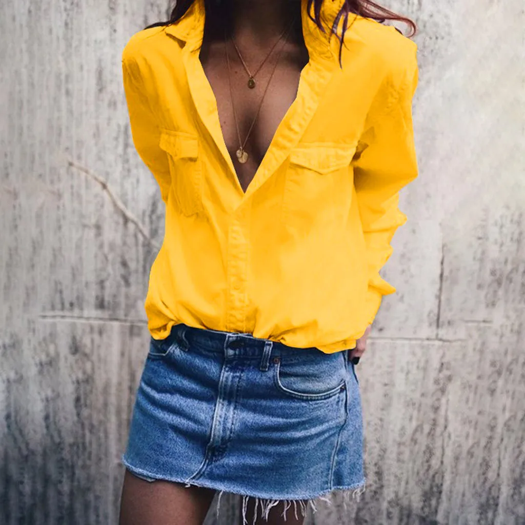 Осенняя Новая модная женская Повседневная Однотонная рубашка с длинными рукавами и отложным воротником, с карманами и пуговицами спереди, топы,, рубашка, Z4 - Цвет: Цвет: желтый