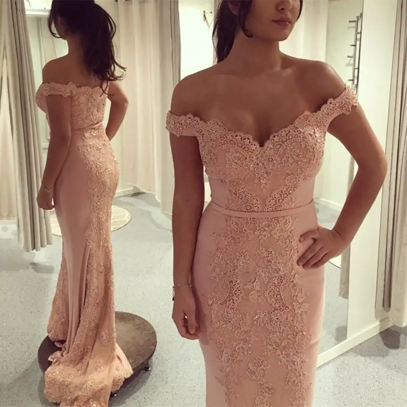 

Elegant Pink Mermaid Prom Dresses 2020 Off Shoulder Lace Long Formal Evening Dresses Vintage Graduation African Dress Wear Gown