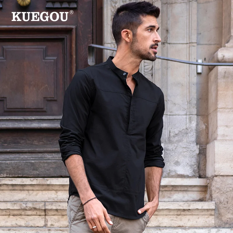 Man Shirt Half-Cardigan Spring Long-Sleeve Plus-Size KUEGOU Fashion Cotton Summer Solid