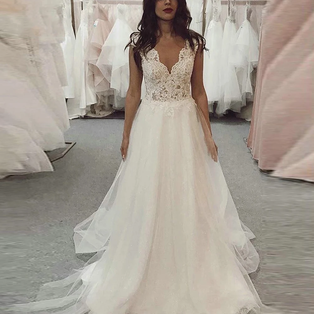 LORIE-Wedding-Dresses-Elegant-Lace-Appliqued-Soft-Tulle-Sexy-V-neck-Bridal-Gowns-A-line-Boho