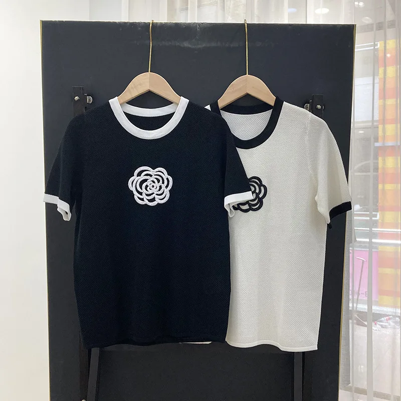 

Summer 2021 Fashion women's floral knitted Tee Tops High quality T-shirt for women B555