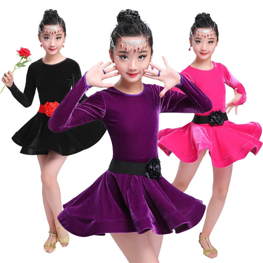 

110-170CM Girls Ballroom Dance Competition Dresses Latin Skirt Dance Fringe Velvet Dress 2019 Girl Stage Singer Wear Cosutmes