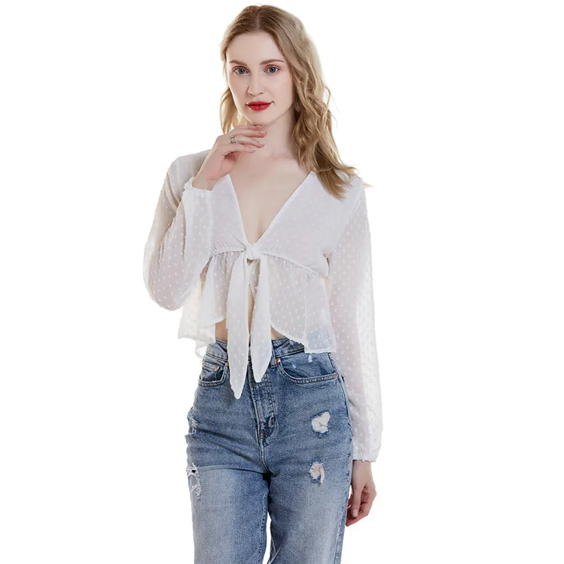 Летние повседневные Blusas Mujer De Moda с v-образным вырезом кружевные короткие женские рубашки-топы и блузки однотонные Длинные Blusas женское короткое платье