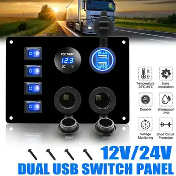 

4 Gang LED Rocker Switch Panel 12/24V Digital Voltmeter Dual USB Port 12V Outlet Combination Waterproof Car Marine Boat