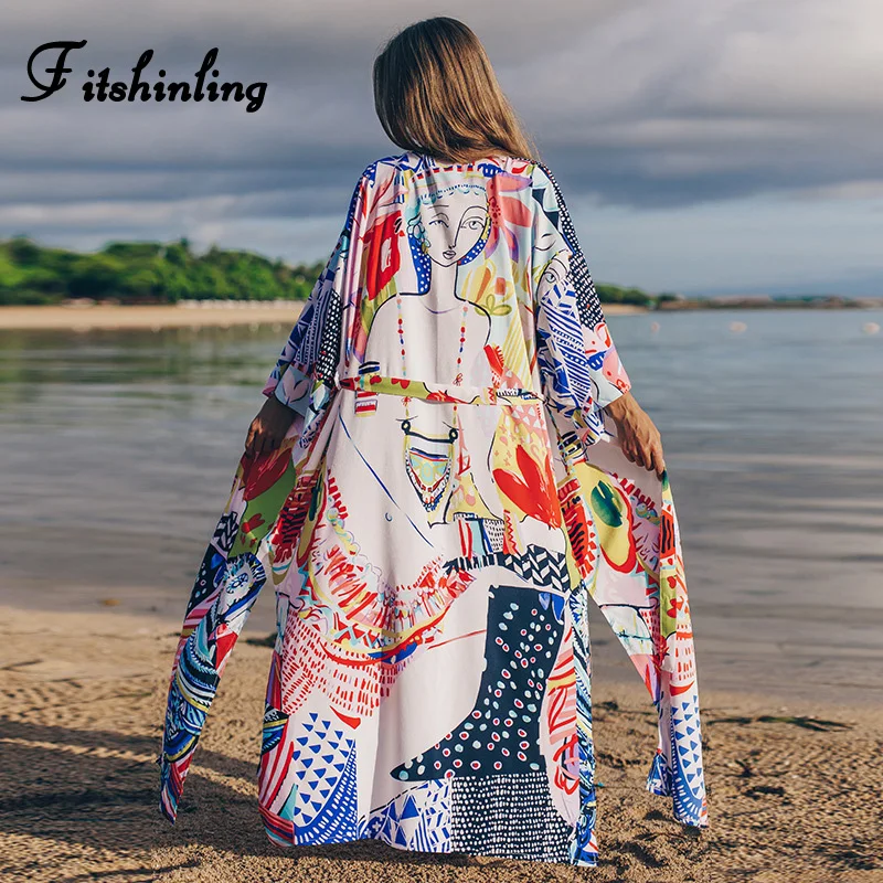 Пляжное кимоно Fitshinling с абстрактным принтом длинный кардиган Боковым Разрезом