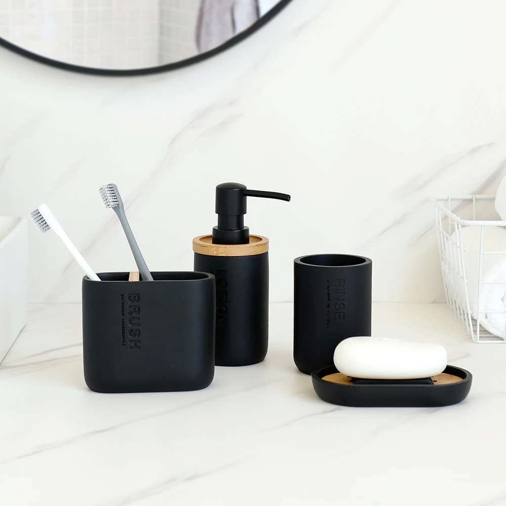 Bathroom Accessories Set Designer Soap Lotion Dispenser Toothbrush Holder Dish Tumbler or Pump Bottle Cup Black and White | Дом и сад