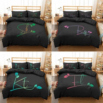 

Homesky Black Bedding Set Letter Duvet Cover Queen King Size 2/3pcs Bed Linen Set Home Textile Comforter Cover Set