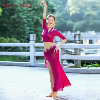 

New Hot Sell Japan Mesh Fairy Belly Dance Costume Set for Women Belly Dancing Tops and Skirt Loose Design Large