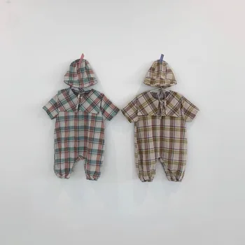 

Newborn Baby Romper With Hat Plaid ShortSleeve Cotton Baby Clothes Collar Summer Toddler Jumpsuit For Infant Boys Girls Outfits