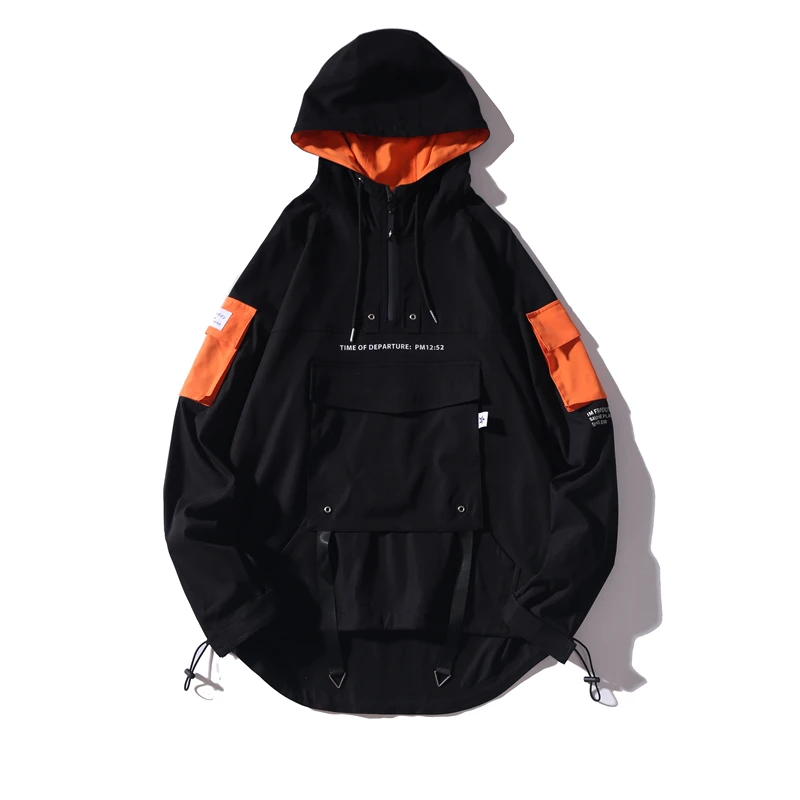 

Japanese harajuku Mens Hooded Jacket Hip Hop Jacket Patchwork Windbreakers Bomber Jackets Big Pocket Fitness Black Coat