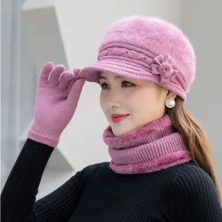 Winter hat female knitted rabbit fur hat bib glove suit flower beret middle-aged elderly plus velvet warm cap a gift for mother