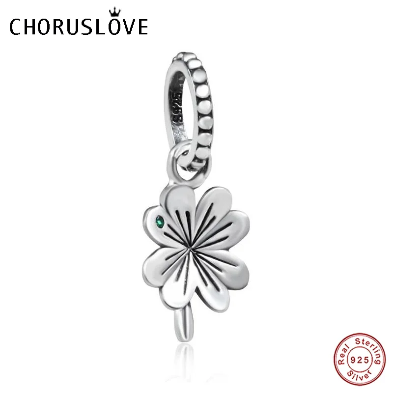 Choruslove Lucky Four Leaf Clover Charm with Green CZ 925 Sterling Silver Bead fit Pandora Bracelet Jewelry Making | Украшения и