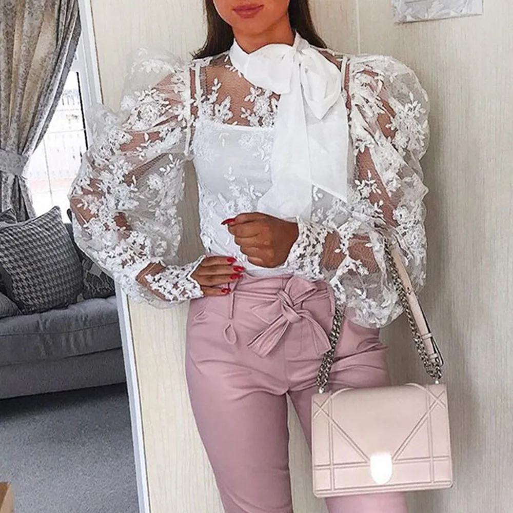 2020 сексуальная белая кружевная блузка женская сетчатая прозрачная летняя