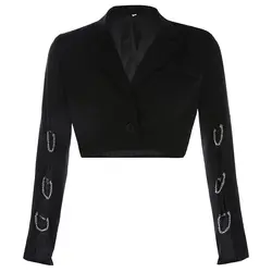 Женские блейзеры с длинными рукавами, с цепочкой и вышивкой, Европейская и американская мода, классическая черная короткая куртка, костюм