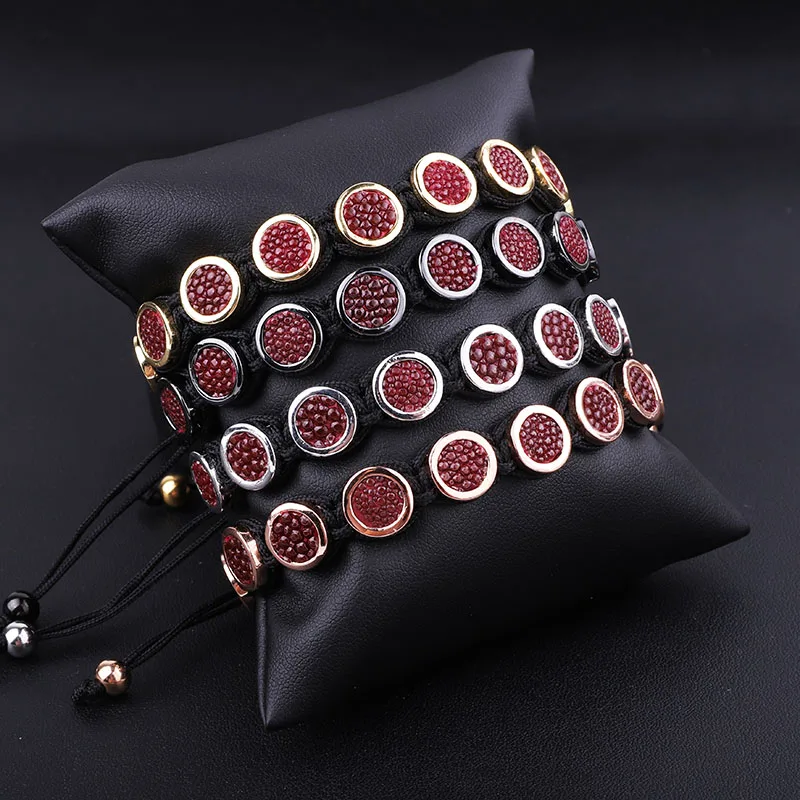 High Quality Red Fish Skin Leather Round Charm Braided Friendship Macrame Adjustable Bracelet Men
