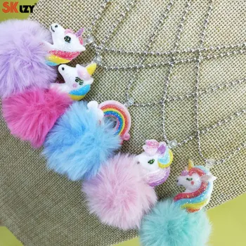 

Necklace Cute Unicorn Rainbow Shape Plush Ball Pendant Fashion Necklace Holiday Party Children Gift Jewelry