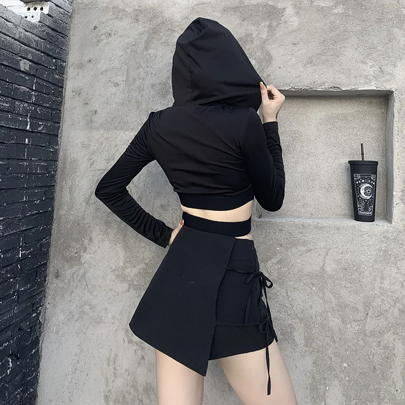InstaHot Hem Bandage Hollow Out Front Zipper Knitted Hoodies O-Neck Long Sleeve TShirt 2020 Autumn Gothic Streetwear lady Hooded