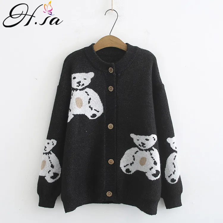 

H.SA Women Black Cartoon Sweater Cardigans Button Up BEAR Casual Knit Jacket Loose Jumpers Korean Style Coat sueter feminino