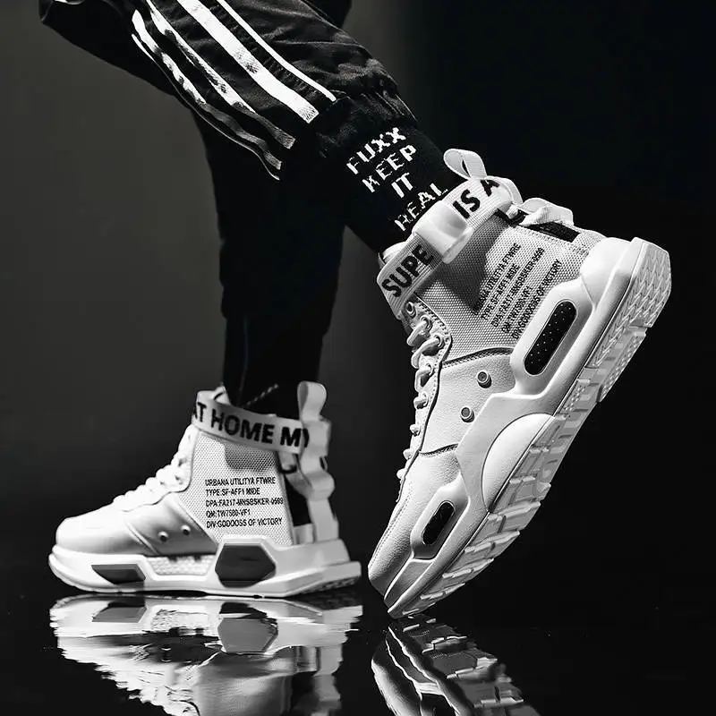 Men's High Top Fashion Leather Sport Sneakers Man Trend Comfortable Running Shoes Outdoor Non-slip Breathable Men Shoes - Цвет: 1
