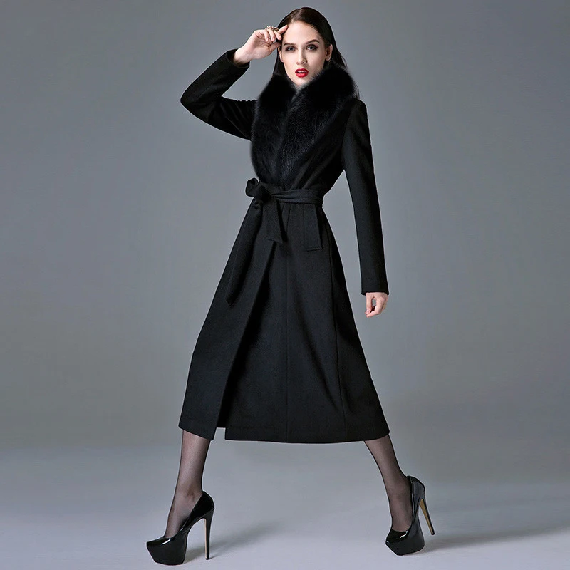 

Cashmere Coat Woman Autumn Winter Overknee Thick Warm Wool Coat Real Fox Fur Collar Oversize Thickened Woolen Trench black