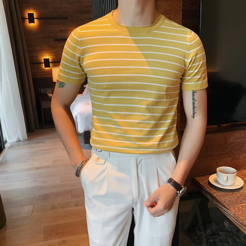 英国スタイルの夏の半袖ストライプのtシャツ男性服21ファッションoネックカジュアルスリムフィットニットtシャツオム Aliexpress メンズ 服