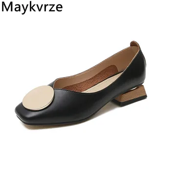 

Large Size; 33-43 Women's Shoes 2020 New Fashion Square Toe Metal Round Buckle Leather Flats Women Casual Shoes