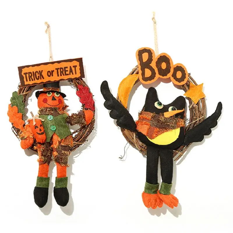 

Trick Or Treat BOO Halloween Wreath Cute Scarecrow Bird Decor Door Wreath Hanging Ornament For Home Decoration Crafts