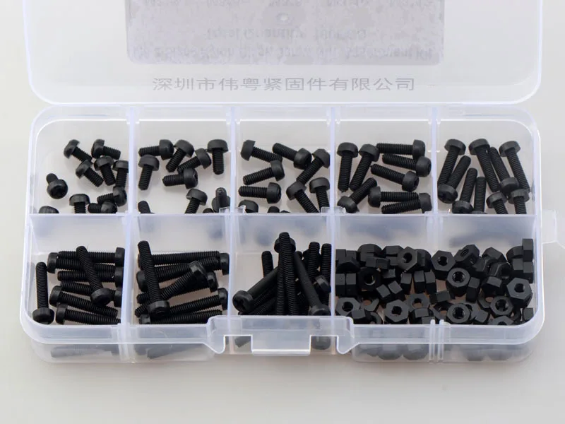 

160pcs M3 black nylon cross head machine screw with nut combination set with plastic storage box