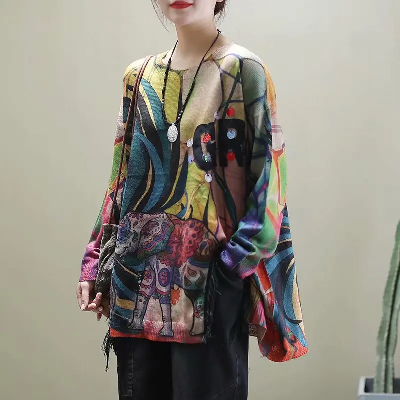 

[EWQ] 2020 Spring Autumn New Pattern Round Collar Long Sleeve Hit Colors Knitting Pullovers Casual Sweater Women AK39209