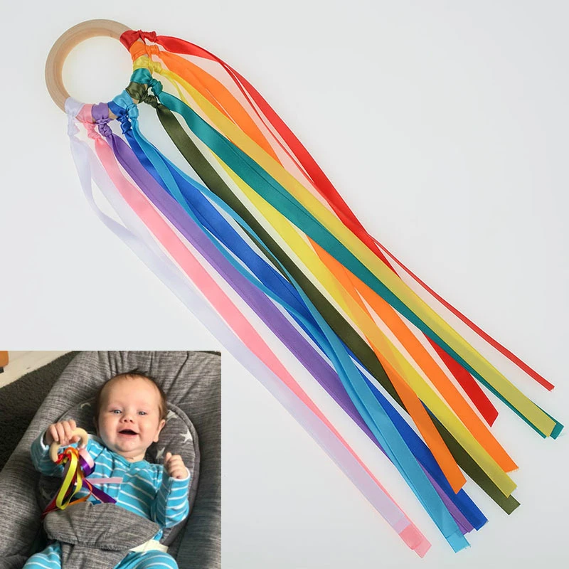 

Rainbow Natural Wooden Ribbon Ring Waldorf Toys Baby Teether Newborn Montessori Recognition Sensory Toy BPA-free Non-toxic Gift