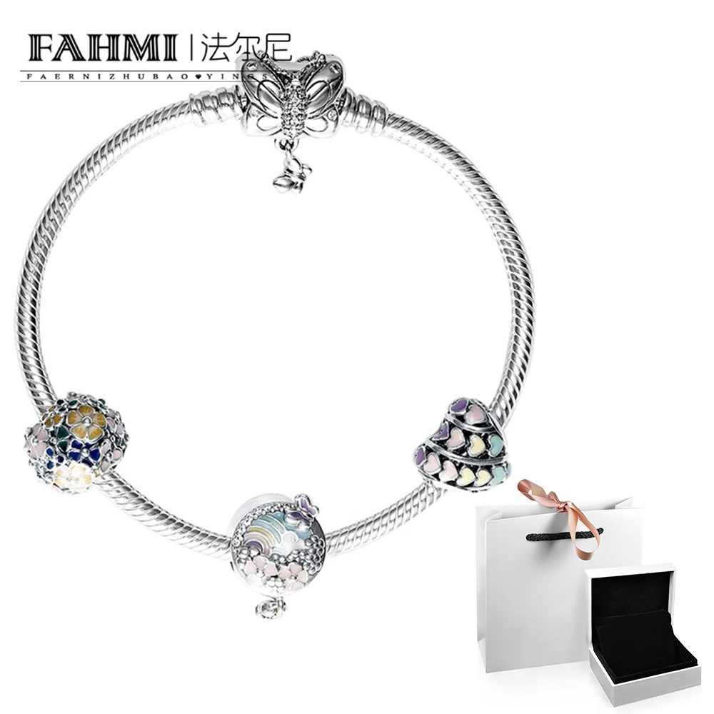 

FAHMI 100% 925 Sterling Silver 1:1 Spring Garden Color Creative DIY Beaded Butterfly Love Flower Bracelet Set PDL0703 Gift Box