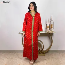 

Eid Ramadan Abaya for Women Muslim Red Ribbon V Neck Full Sleeve Floral Dress Turkey Islam Caftan Marocain Arabic Dubai Clothes