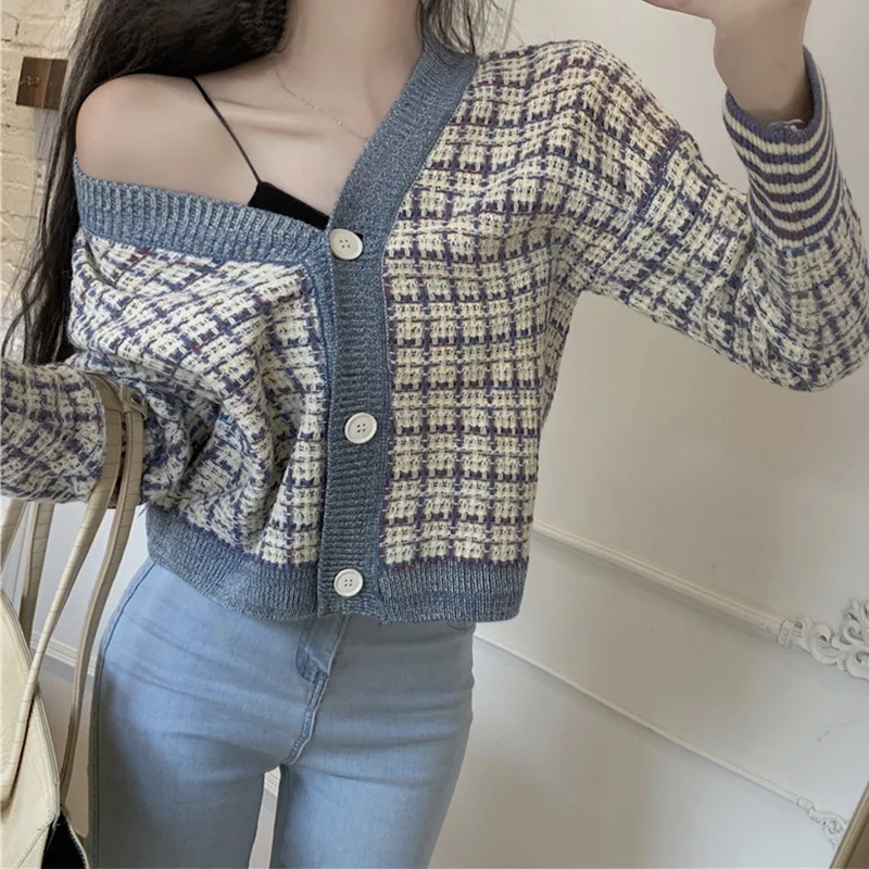 Lisa Style Pink Top Tight Loose Plaid Long Sleeve Sweater Women's Short T-shirt Cardigan |