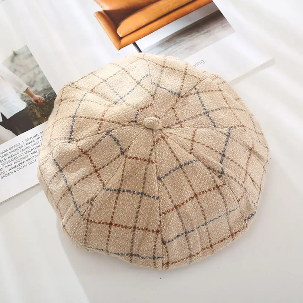 Kuulee Женская Осенняя зимняя шапка ретро плед восьмиугольный берет леди сладкий Винтаж Универсальные Высокое качество шляпа - Color: Beige