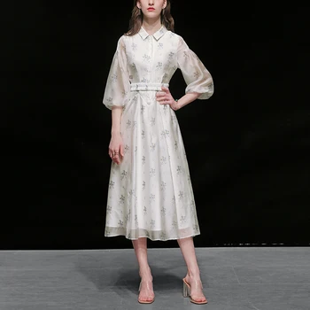 

Seifermann Summer Runway White Dress Ladies Chiffon Lantern Sleeve Wrap Belted Floral Print Women High Street Midi Dresses