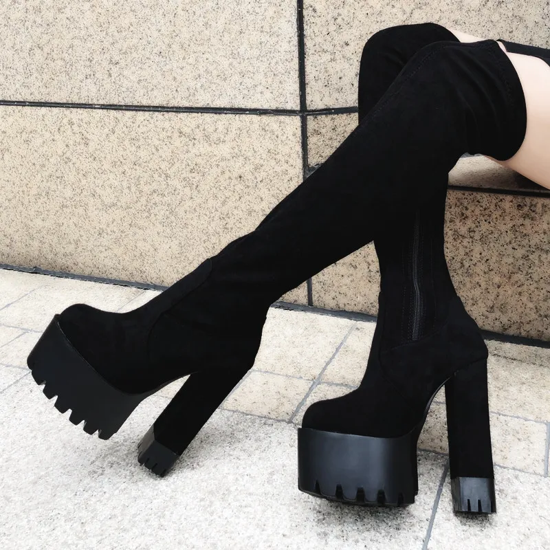 15cm Thin Leg Over Knee Boots, Women High Heels Long Over Thigh Boots Platform Black Shoes