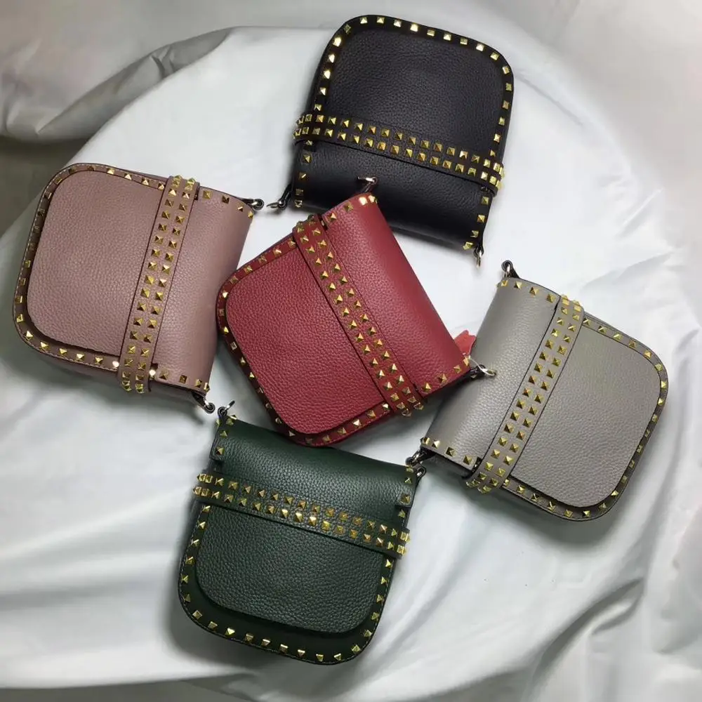 

free shipping 2019 the new style hot sale rivet genuine cow leather women shoulder bag and crossbody bag MINI bag 2 belts