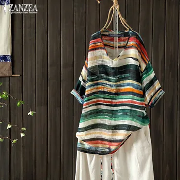 

Oversized Tunic Women's Striped Blouse 2020 ZANZEA Summer Print Tops Casual V Neck Blusas Female Short Sleeve Shirt Chemise 5XL